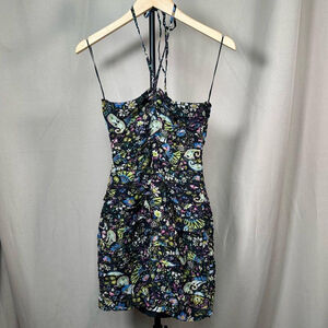 Zara Black Hulter Dress w Multicolour Neon Floral Print Size XS